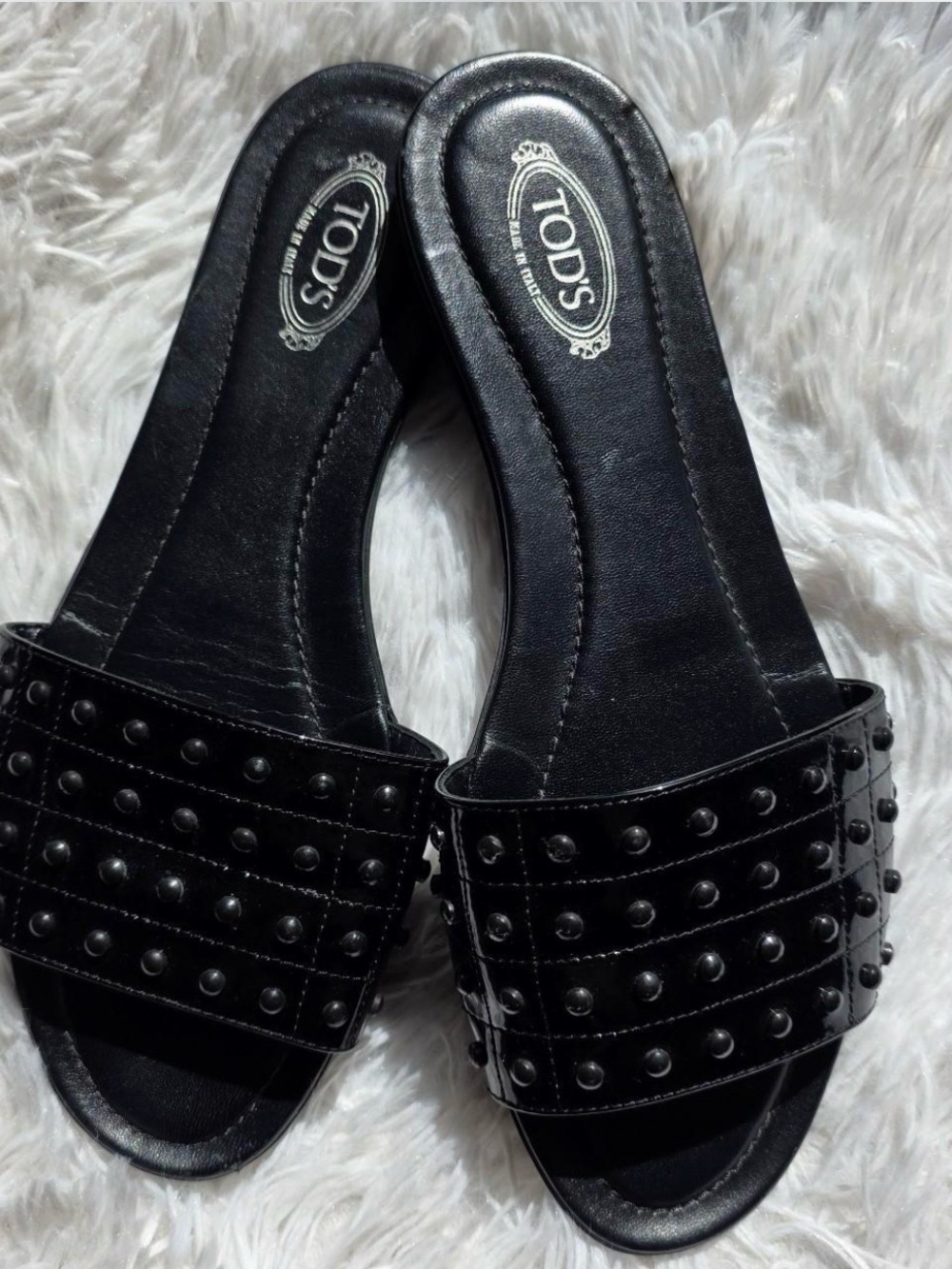TOD'S Black Studded Patten Leather Slide Sandals
